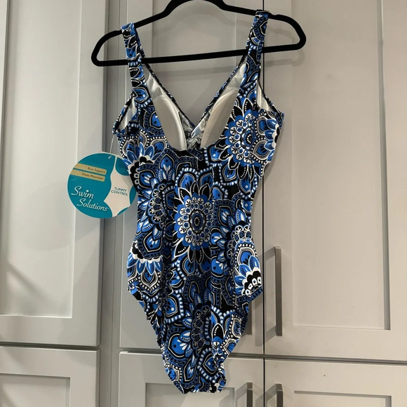 NWT Swim Solutions Blue Floral Mandala One Piece Swimsuit w/ Ruching size 16 - Picture 3 of 6